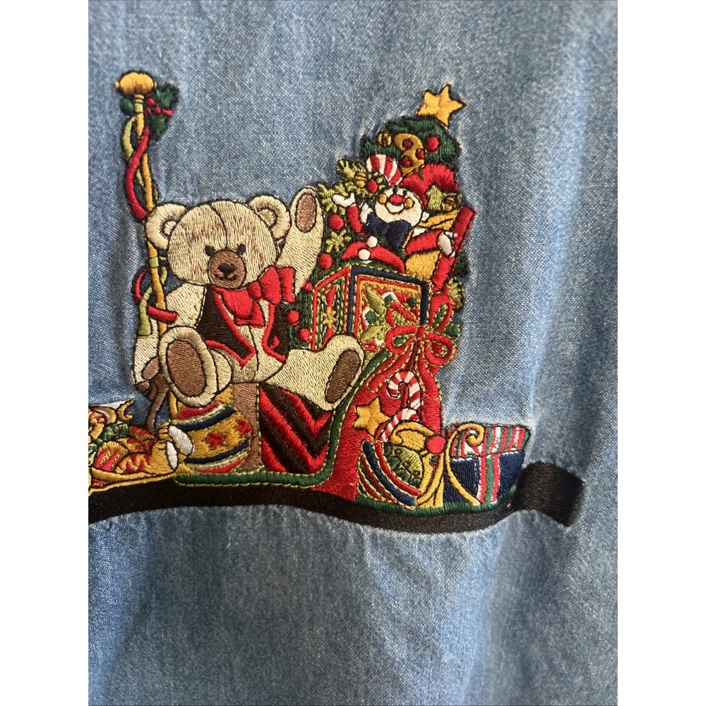 Vintage 90s Denim Christmas Button Shirt XXL 20 Embroidered Teddy Bears Gifts - Picture 4 of 6